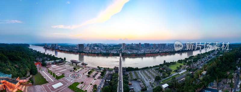 乐山城市晚霞夜幕降临航拍图