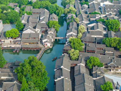 航拍江南水乡古镇乌镇全景