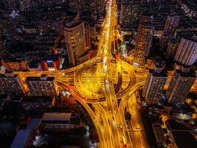 航拍上海鲁班路立交桥夜景