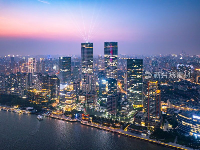 航拍上海陆家嘴高金融中心密集高楼群夜景