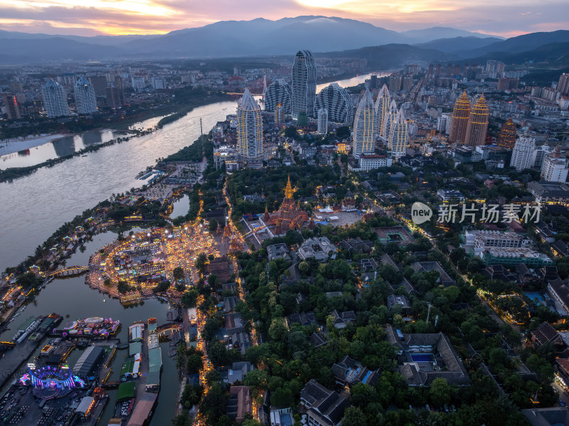 云南西双版纳傣族星光夜市建筑群高空航拍