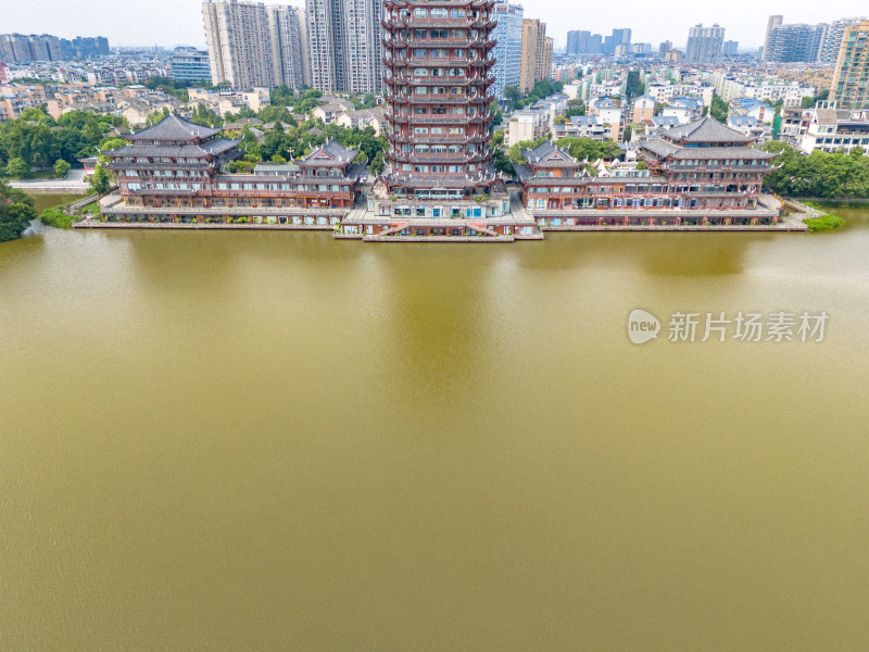 眉山远景楼河流周边风景航拍图