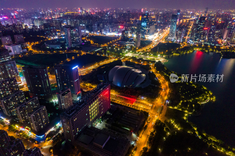 安徽合肥天鹅湖夜景航拍图