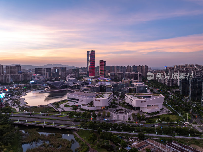 广东珠海金湾艺术中心广场高空蓝调日落航拍