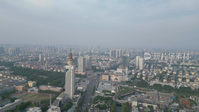 航拍山东济宁城市建设地标高楼