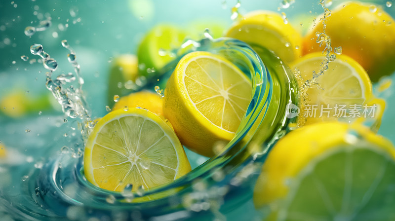 清新激荡：柠檬与青柠在旋风中的3D渲染