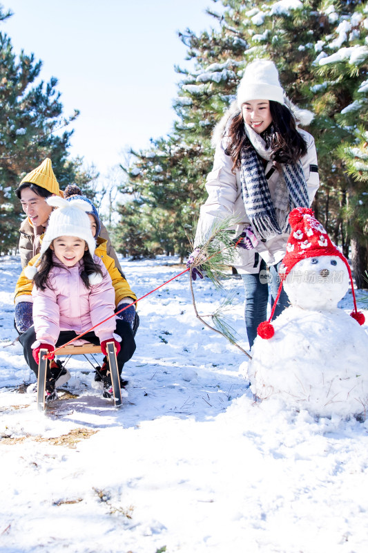 在雪地上玩雪橇的一家人