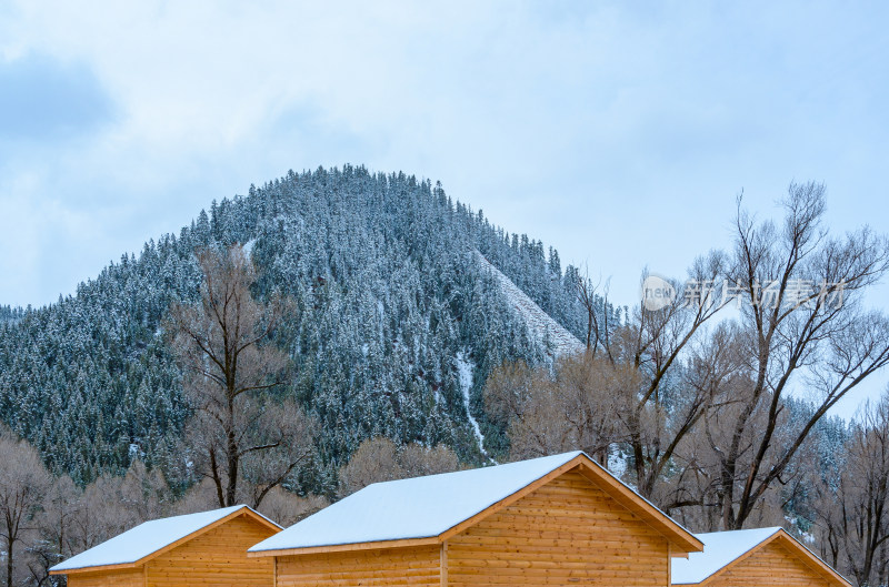 青海海北藏族自治州祁连卓尔山森林雪景木屋