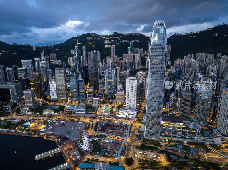 香港维多利亚港CBD中环夜景日出高空航拍