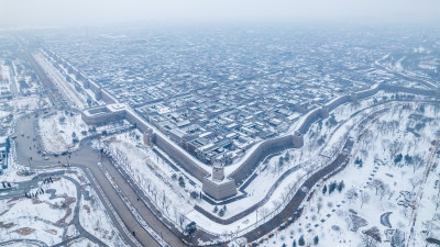 山西晋中平遥古城雪景航拍风景宣传