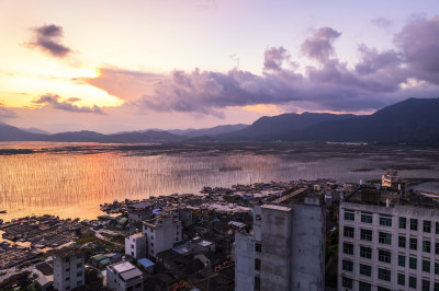 海上日落晚霞的福建霞浦沿海滩涂自然风光