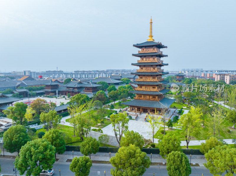 航拍上海宝山寺佛教寺院自然风光