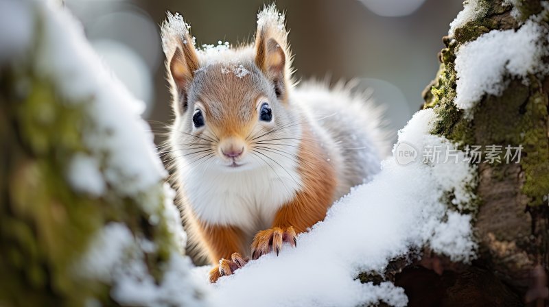 下雪后在树上攀爬的松鼠