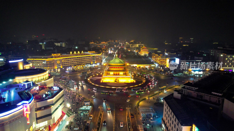 西安钟楼地标夜景航拍图