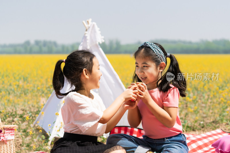 夏天两个在油菜花田边野餐的女孩