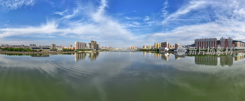 河南宜阳县城河流两岸楼房经济发展航拍
