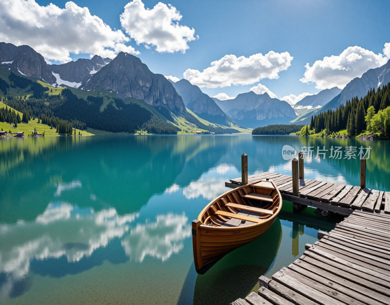 湖畔木船与远山风景