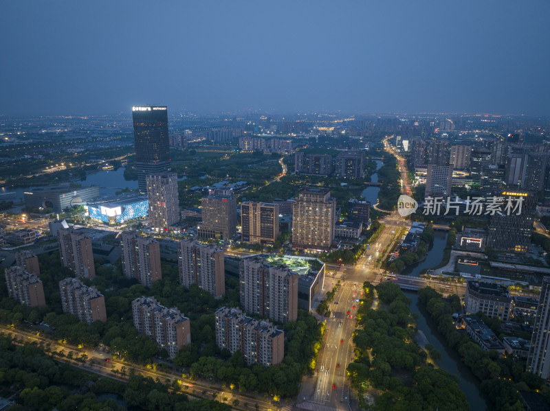 上海嘉定新城夜晚夜景航拍城市风光