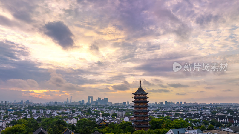 苏州城市姑苏区北寺塔清晨日出东方之门航拍