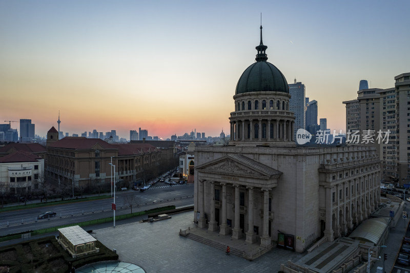 天津小白楼商圈音乐厅城市建筑风光航拍