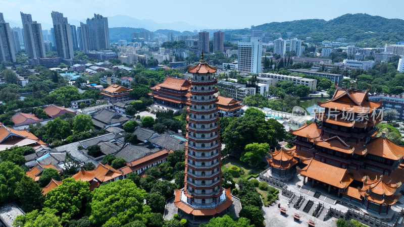 福州西禅古寺照片航拍城市寺庙古建筑风景