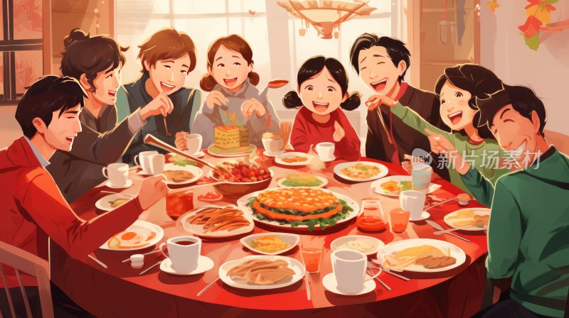 中国传统习俗大家庭节日聚餐团圆饭插画