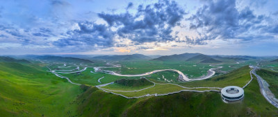 漫泽塘湿地草原九曲黄河航拍全景