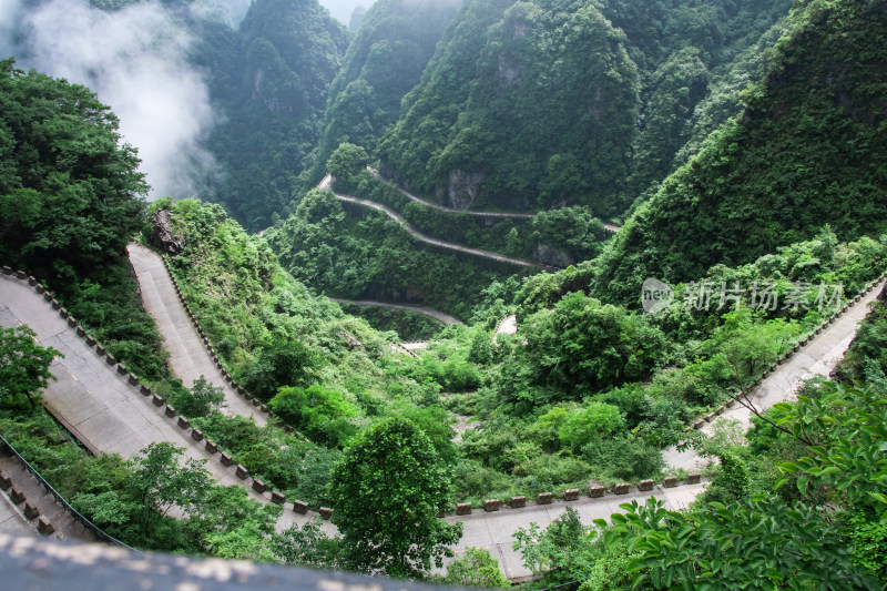 湖南张家界天门山云雾缭绕的山路奇观
