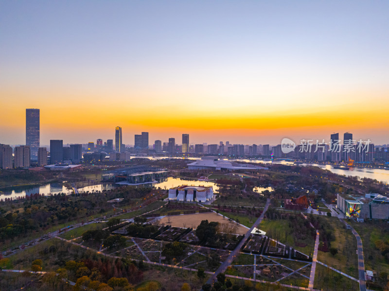 航拍上海黄浦江江畔日落美景