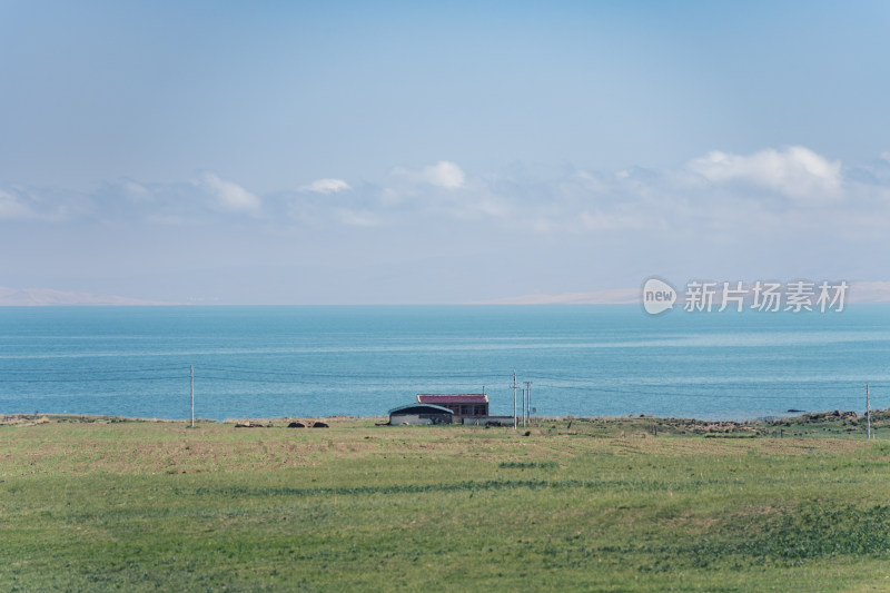 青海省青海湖畔的草地与房子