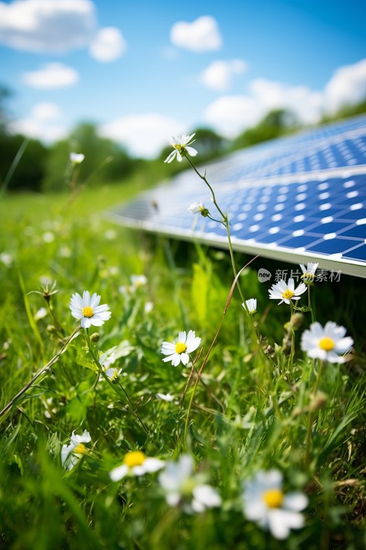 在绿色草地上盛开着白色花朵的太阳能电池板