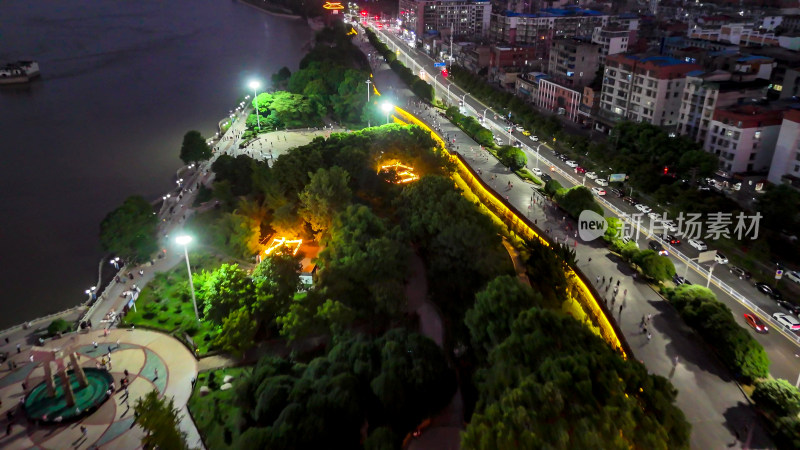 航拍湖北鄂州沿江大道夜景交通