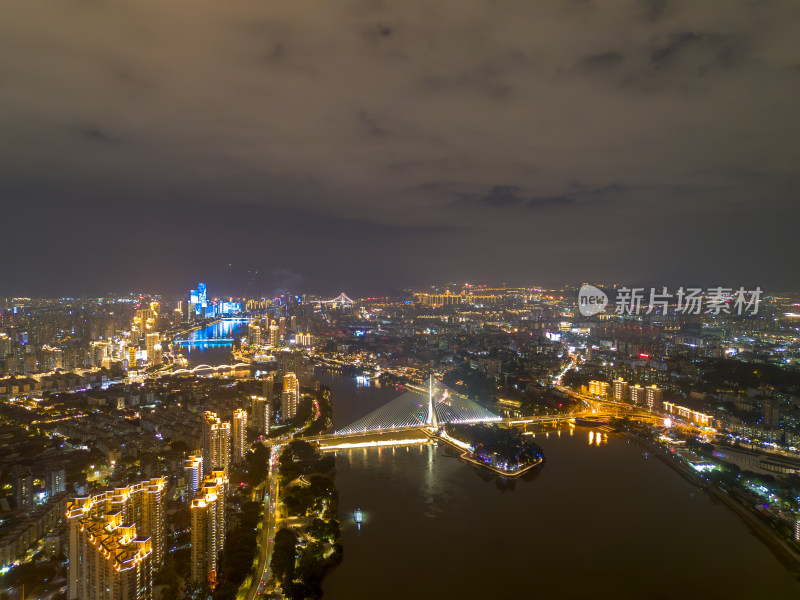 航拍福州城市夜景下与繁华立交桥及周边建筑