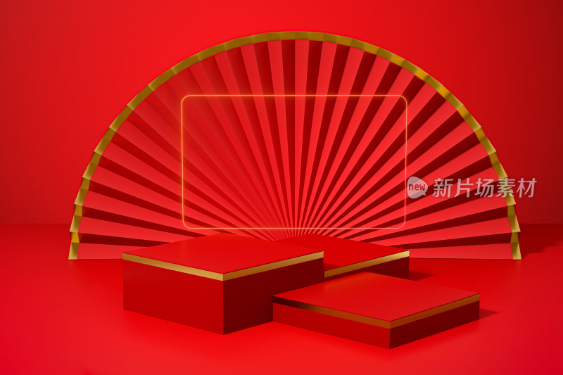 中国风红色创意展示台 3D渲染