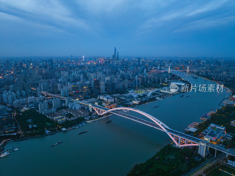 航拍上海城市夜景卢浦大桥世博园