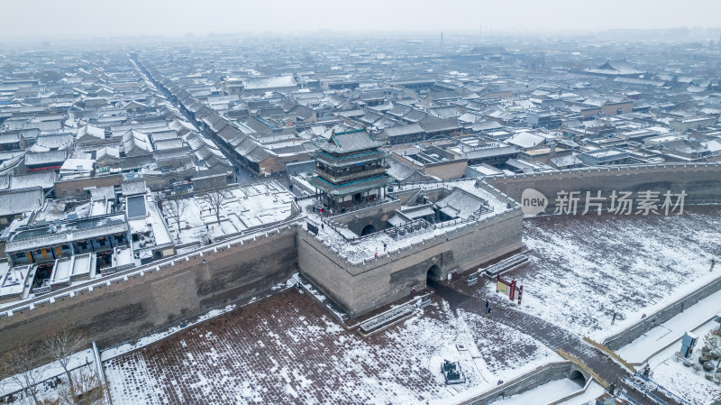 山西晋中平遥古城雪景航拍风景宣传