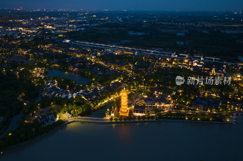 航拍水乡古镇乌镇夜景