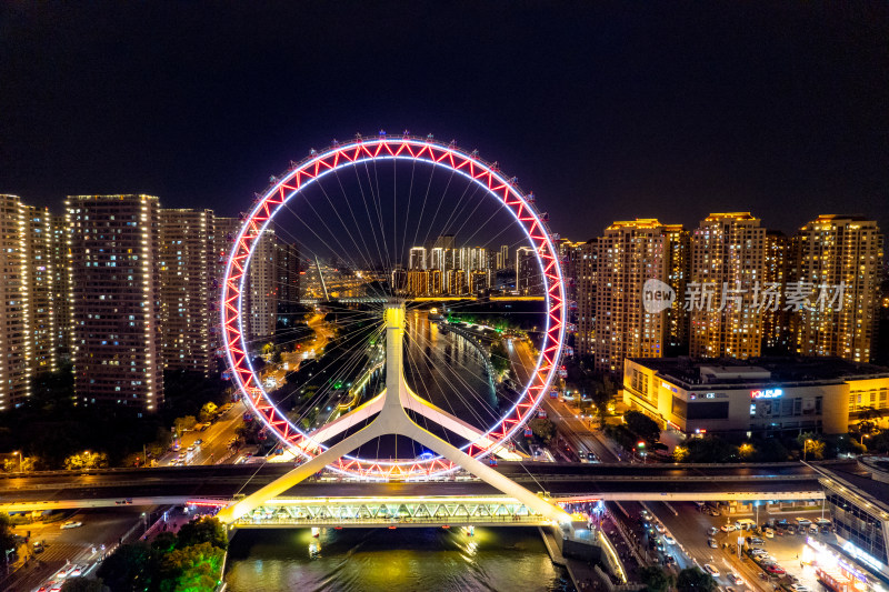 天津之眼周边夜景交通航拍图