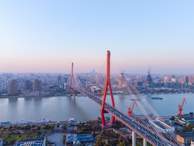 航拍上海杨浦大桥日落美景