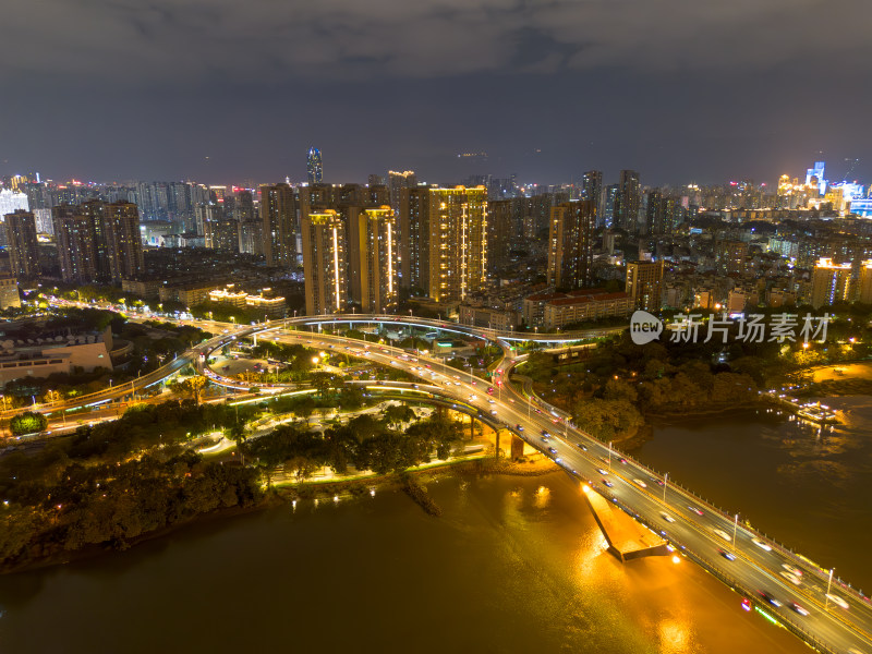 航拍福州城市夜景下与繁华立交桥及周边建筑