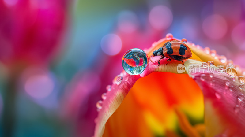 露珠映照下的瓢虫小径彩虹花瓣上的微观世界