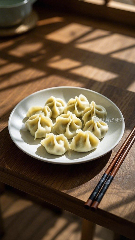 桌子上一盘饺子食物中国新年水饺