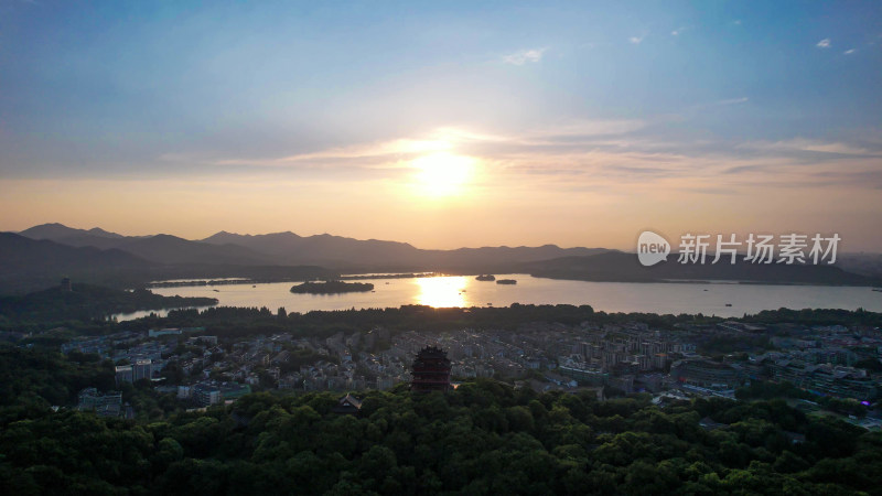 杭州西湖落日晚霞夕阳航拍图