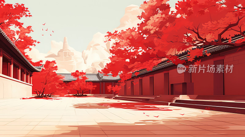 红色背景的中国风园林建筑背景
