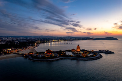 烟台蓬莱八仙过海夜景晚霞航拍图