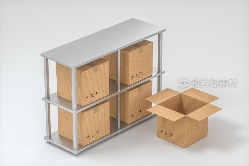 包装箱与货架快递运输仓储概念图 三维渲染