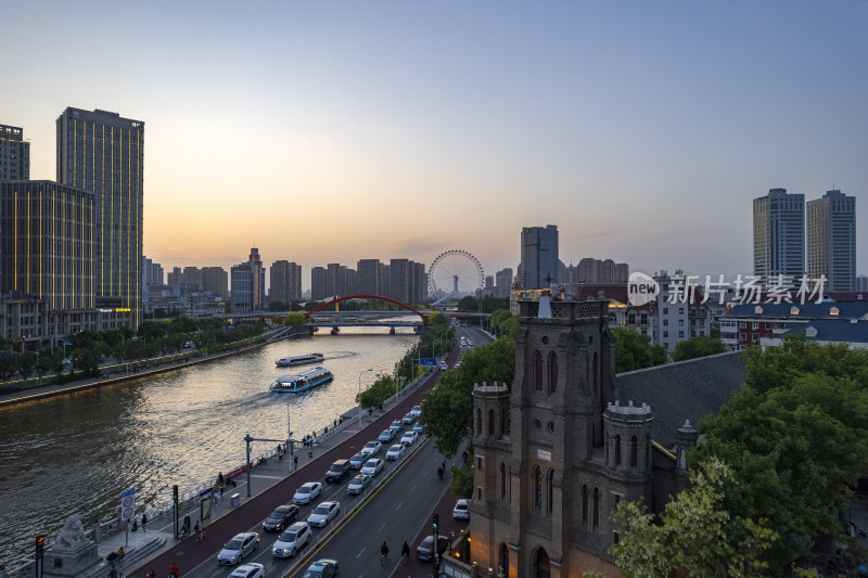 天津之眼摩天轮城市夜景航拍