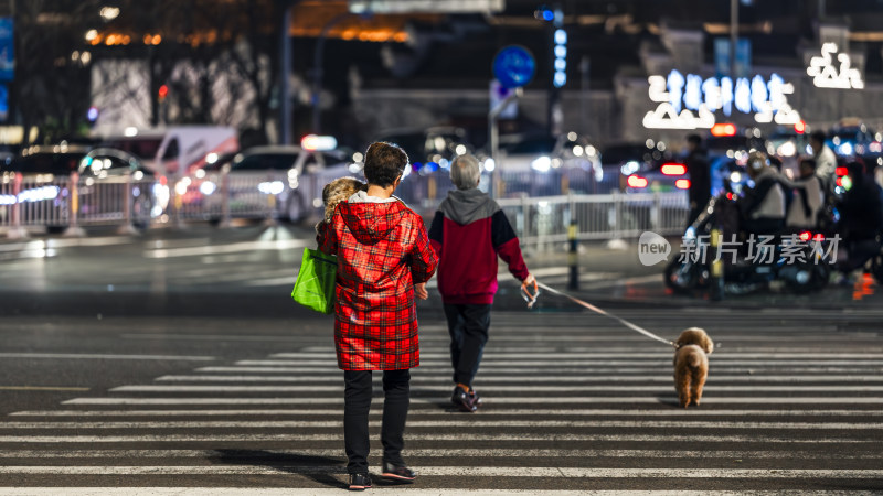 夜晚行人牵狗过马路场景