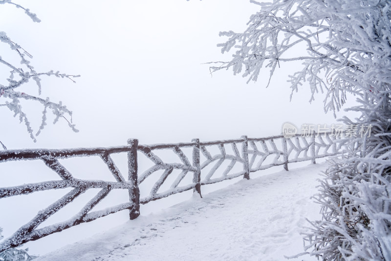 冬天大雪景区步道栏杆