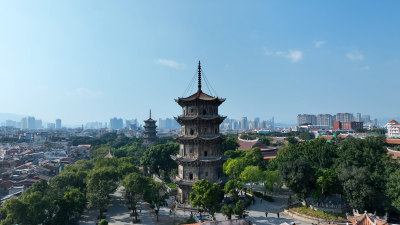 泉州东西塔航拍泉州西街开元寺夕阳日落风景